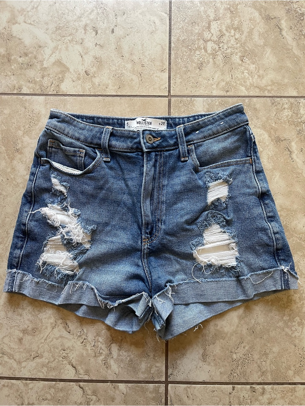 Hollister Frayed Distressed Denim Roll-Cuff Shorts - Blue